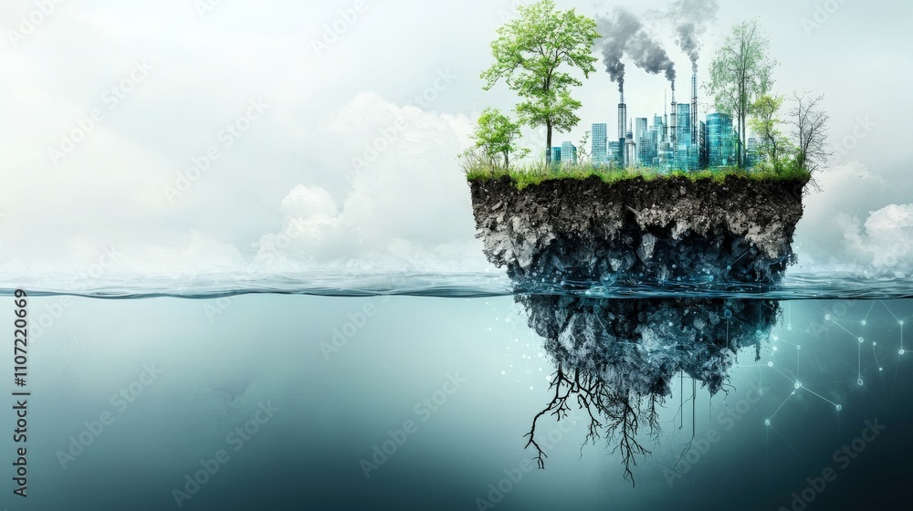Poster Ai algorithms and urban pollution surreal floating islands in aerial digital art for eco-innovation solutions