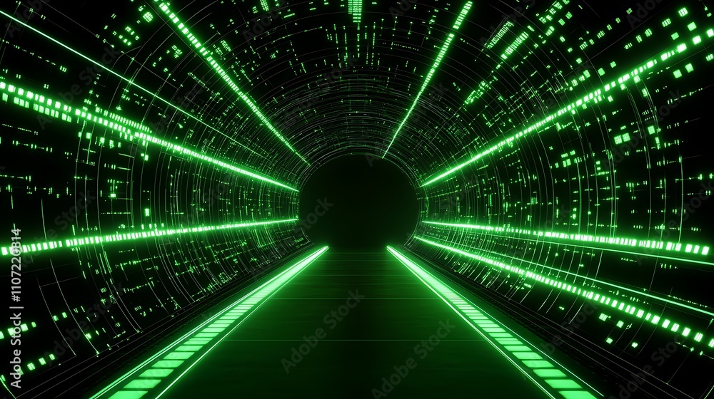 Poster futuristic digital tunnel with green light effects and matrix style data patterns for sci-fi themes