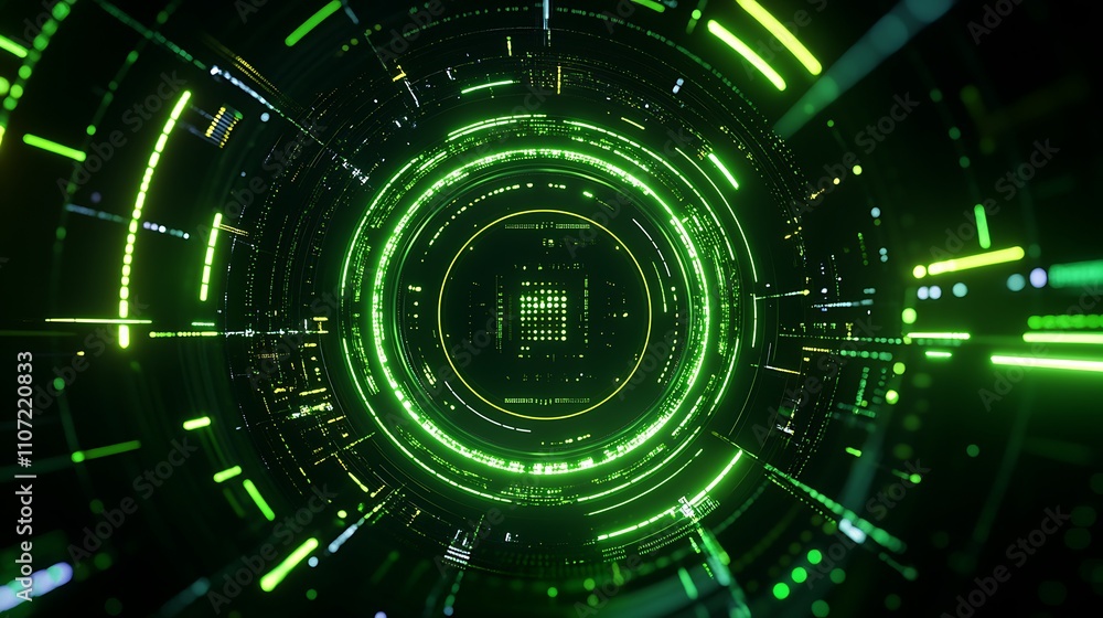 Poster futuristic digital tunnel with green lights and geometric patterns in a high-tech environment
