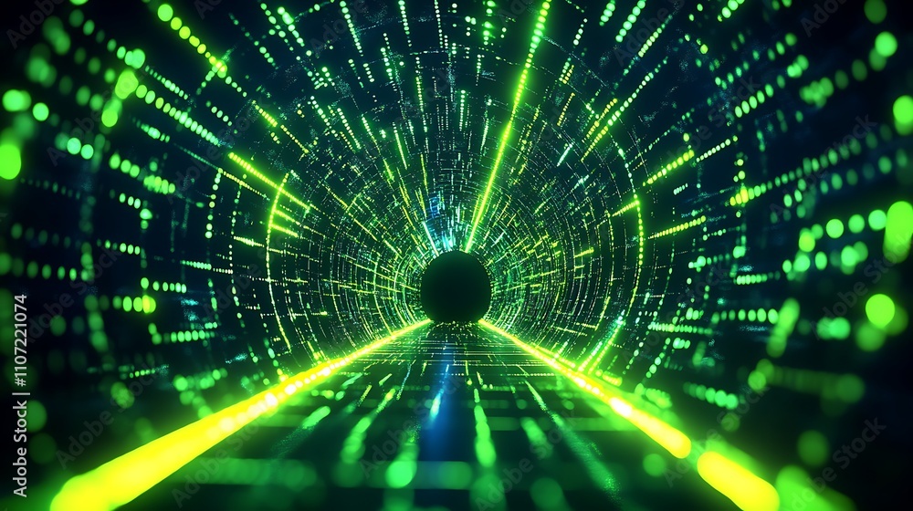 Poster futuristic digital tunnel with vibrant green and blue glowing particles representing data flow and t