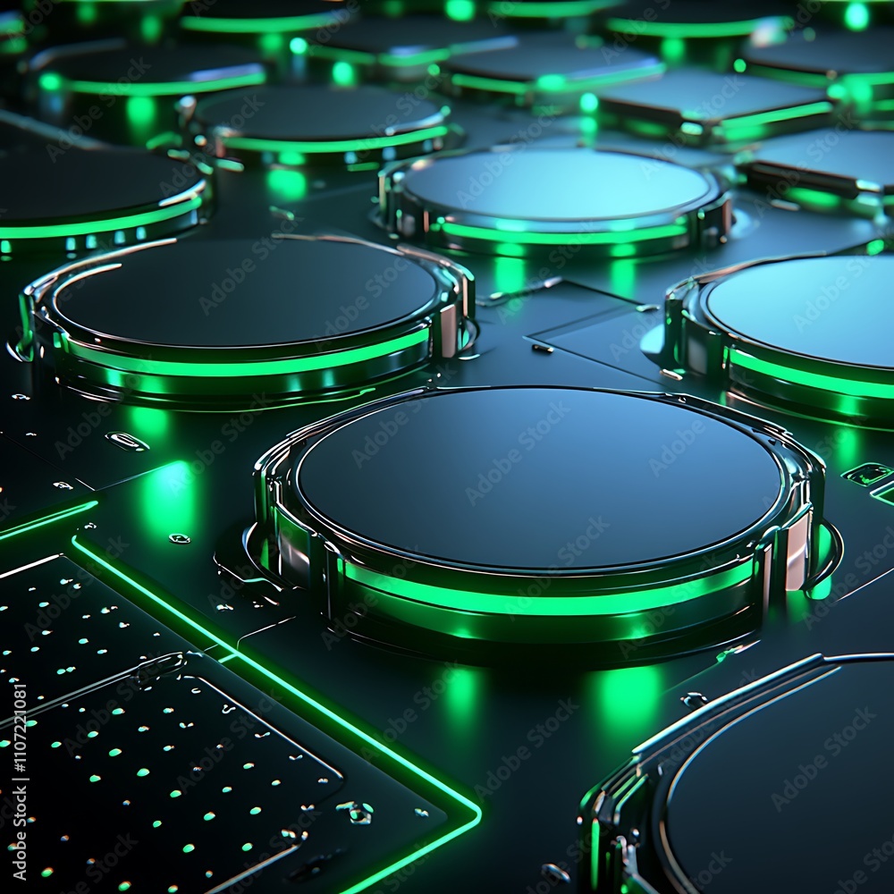 Poster futuristic electronic circuit board with glowing green lights and circular components in a high-tech