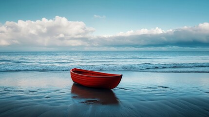 A solitary red boat rests on a tranquil beach under a blue sky.