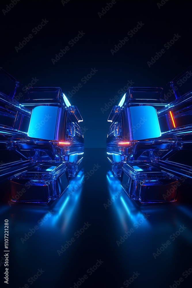 Poster futuristic glowing blocks with neon light reflections in a dark background for technology concepts