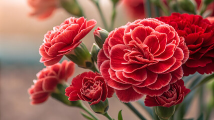 Fototapeta premium Vibrant red carnations in bloom: nature's elegance and beauty in close-up.