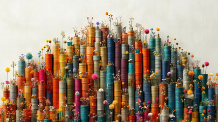 Fototapeta premium Colorful stacked cans with flowers create vibrant, artistic display. arrangement features variety of flowers and plants, showcasing mix of textures and colors against neutral background