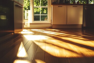 Fototapeta premium Sunlight Streaming Through Large Window Onto Warm Hardwood Floor in Modern Kitchen