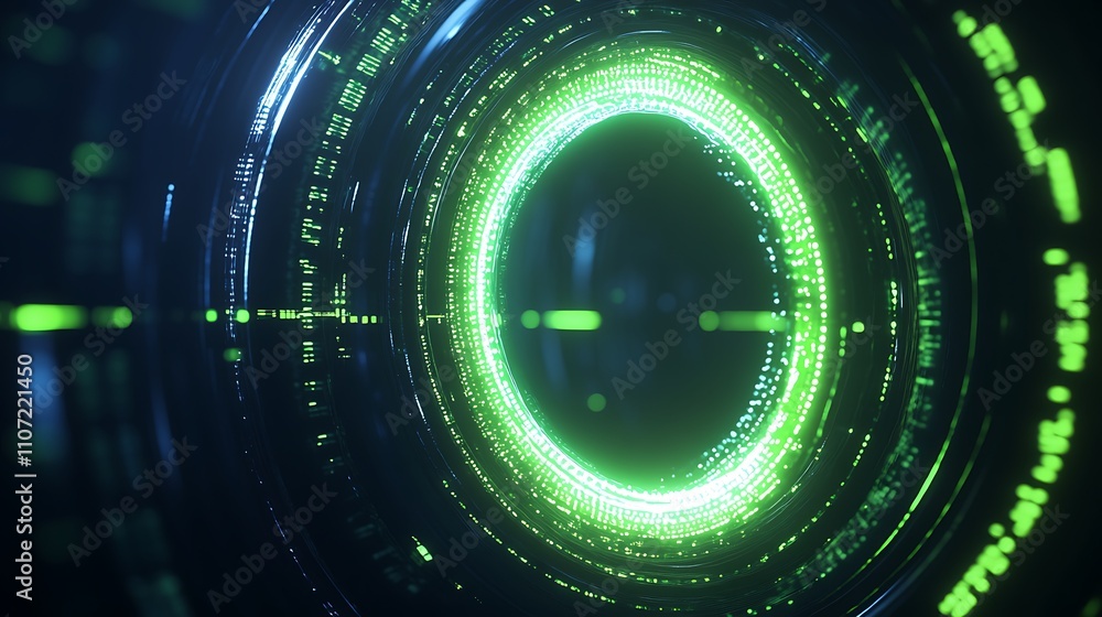 Poster futuristic glowing green circle with abstract digital patterns and light effects in dark background
