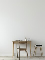 Minimalist home office with a wooden desk. chair. and a small stool in front of a blank white wall