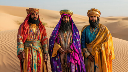 Obraz premium Three regal men in vibrant traditional attire stand confidently in the desert landscape, showcasing rich cultural heritage.