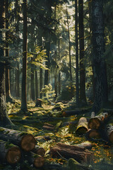 Sunlit Timber Forest with Tall Trees, Logs, and Dense Canopy