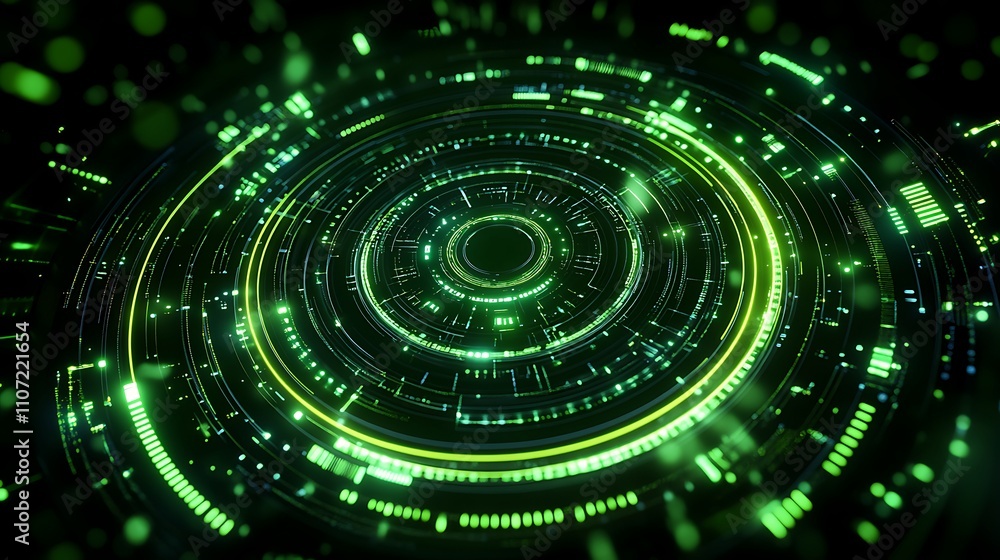 Poster futuristic green abstract circles with glowing lines and digital elements in a dark background