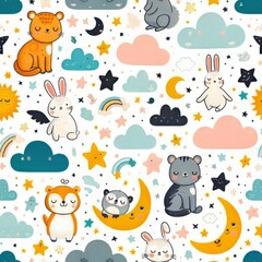 Seamless pattern with cute animals moons stars and clouds.