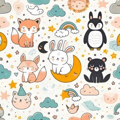 Seamless pattern with cute animals moons stars and clouds.