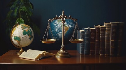 A symbolic representation of law and knowledge with globe and books.