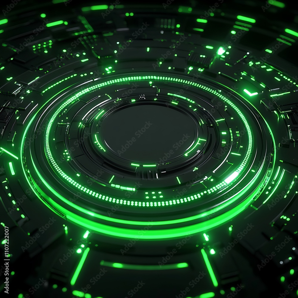 Poster futuristic green circular circuit design with neon lights and tech elements for modern digital backg