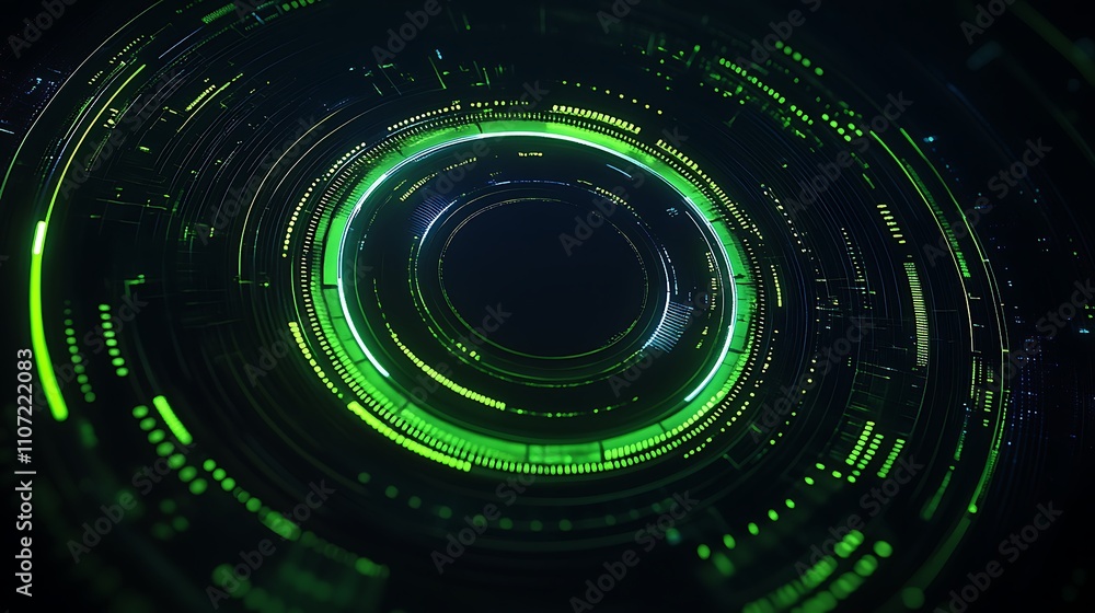 Poster futuristic green circular data visualization with glowing elements and abstract patterns in dark bac