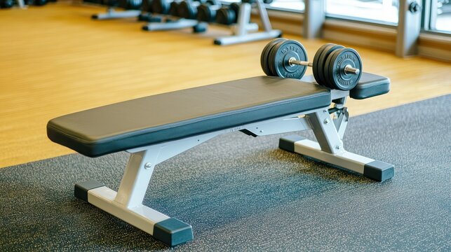 An adjustable weight bench in a gym setting, with a pair of dumbbells on it, ready for a workout.