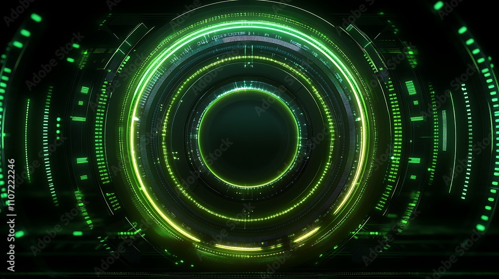 Poster futuristic green circular interface with neon accents and geometric patterns for technology backgrou