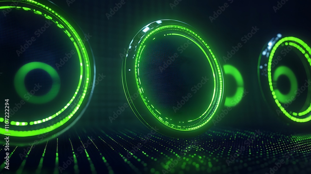 Poster futuristic green circular shapes with glowing lights and digital background for technology and innov