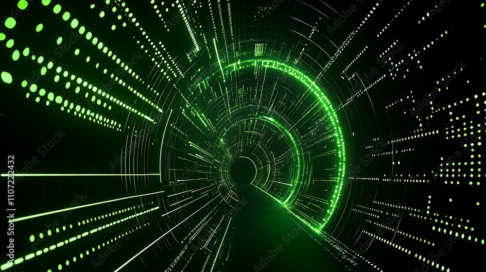Poster futuristic green data tunnel with neon light patterns representing digital information flow and conn