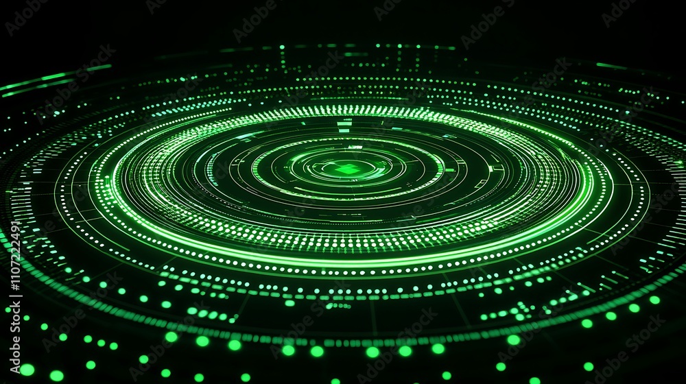 Poster futuristic green data visualization with circular patterns and dynamic light effects in dark backgro