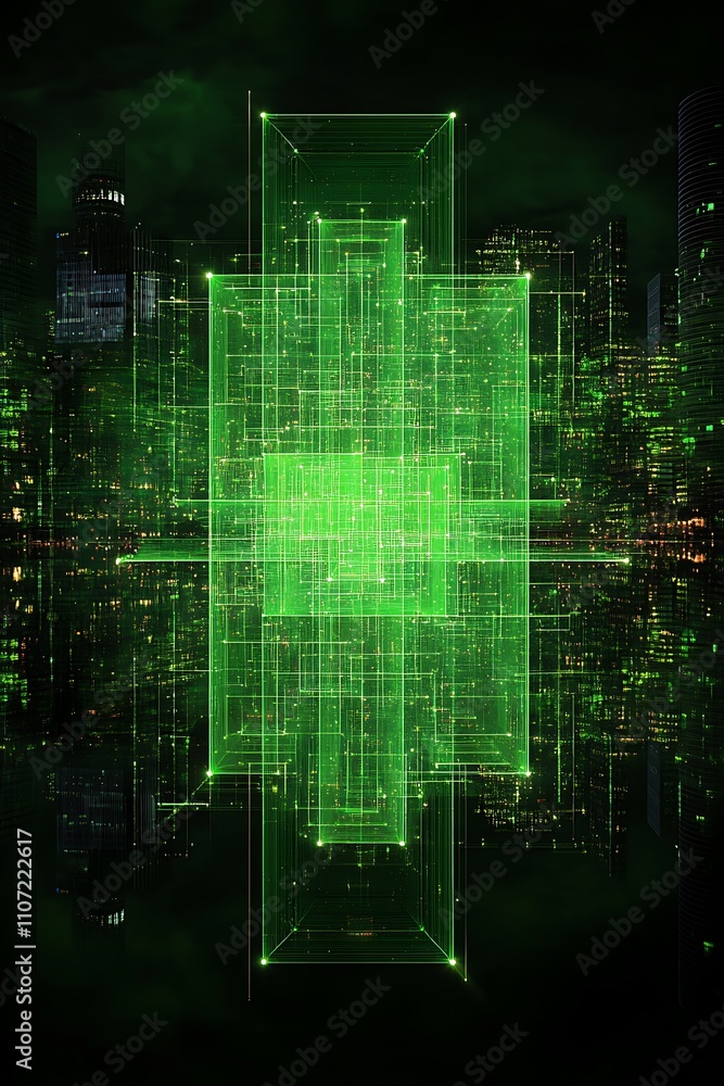 Poster futuristic green digital cityscape with reflections and abstract geometric patterns illuminated by n