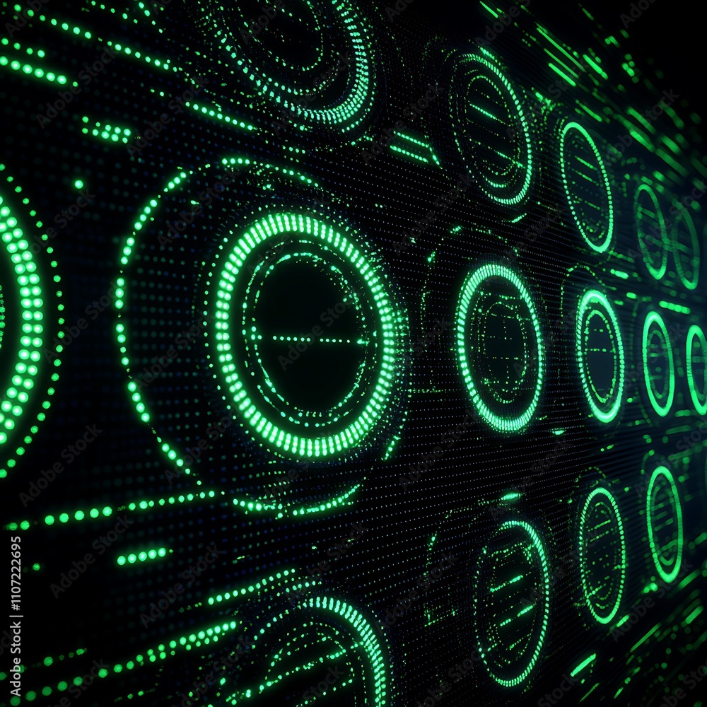 Poster futuristic green digital circuits with neon patterns and glowing lights on dark background for techn