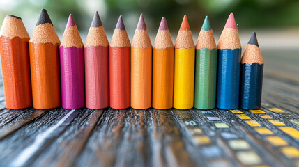 row of colorful pencils arranged on wooden surface, showcasing vibrant spectrum of colors, perfect for artistic creativity and design inspiration