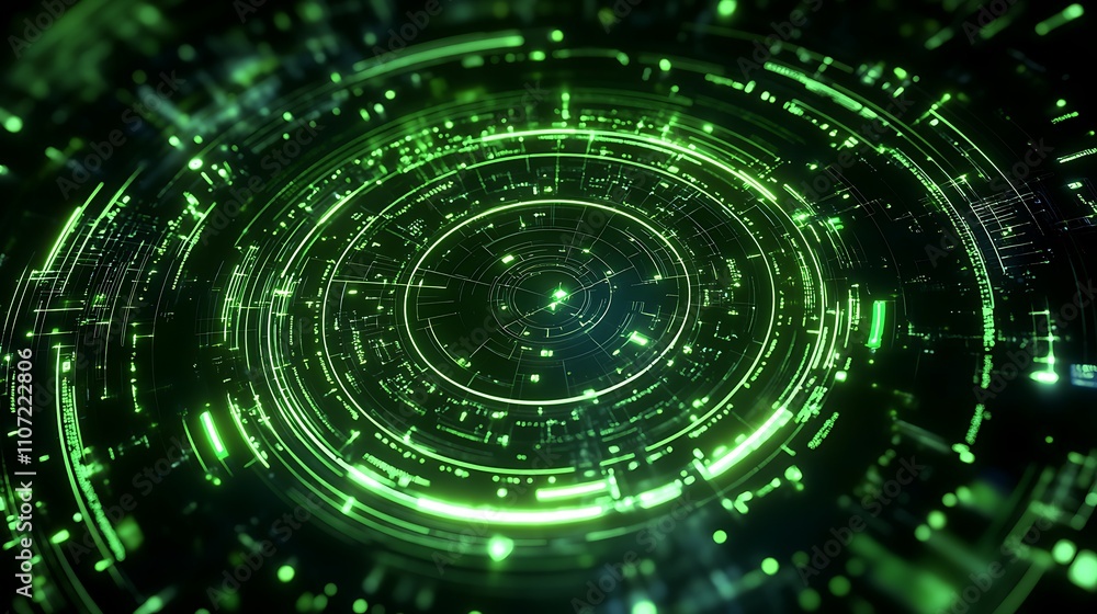 Poster futuristic green digital technology circular background with abstract code patterns and light effect