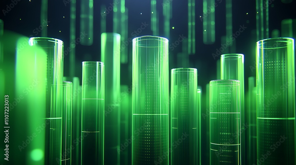 Poster futuristic green glowing vertical lines creating a mesmerizing abstract visual effect in a digital e