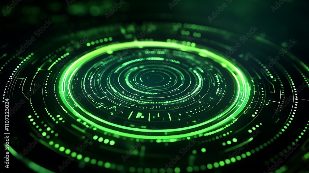 Poster futuristic green graphical interface with circular patterns and neon lights for technology backgroun