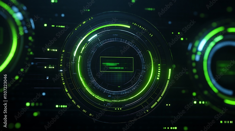 Poster futuristic green interfaces with circular digital patterns and data readouts for technology and inno