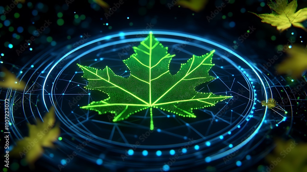 Poster futuristic green leaf design with digital effects and sparkling elements in abstract background