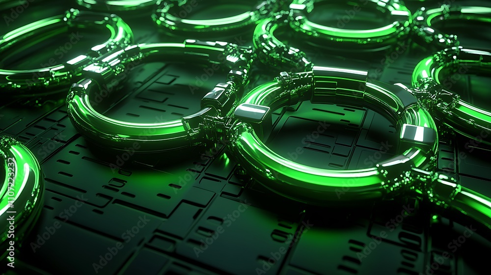 Poster futuristic green metallic rings on a dark technology background with abstract patterns and reflectio