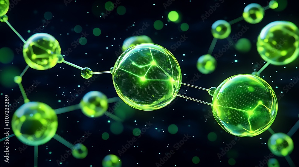 Poster futuristic green molecular structure with glowing spheres and connected chains in science concept ba