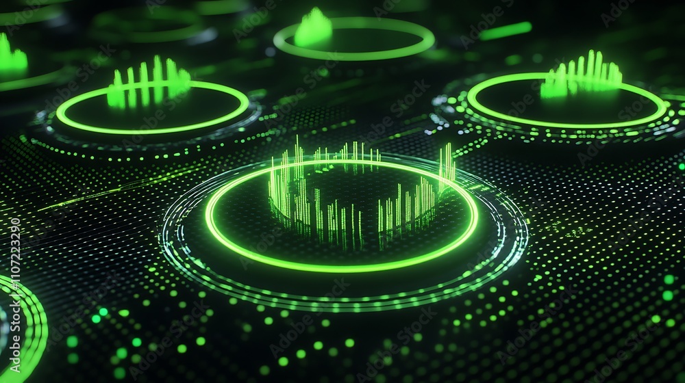 Poster futuristic green sound wave visuals with digital circles on dark background for abstract technology 