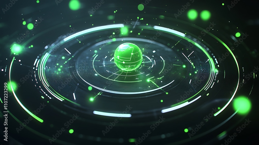 Aufkleber futuristic green sphere with dynamic background and light effects in abstract digital space concept