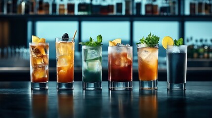 Array of six colorful cocktails in tall glasses on a bar counter, featuring various garnishes like lemon, mint, and berries, with a blurred bar background.