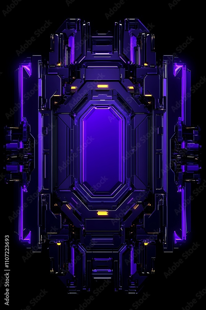Poster futuristic high-tech abstract design with vibrant purple glow and sharp geometric shapes on black ba