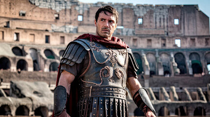 Ancient Roman gladiator standing in the arena of the Colosseum, exuding a powerful and imposing presence in traditional armor, set against iconic Roman architecture, creating a historic and cinematic 