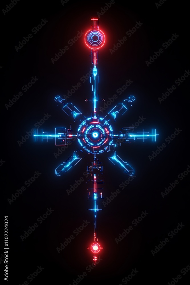 Poster futuristic neon abstract design featuring complex geometric patterns on dark background