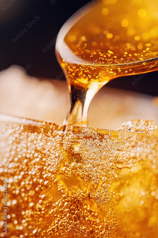 Poster glorious golden honey flowing from a spoon with rich bubbles in a smooth and shiny texture capturing
