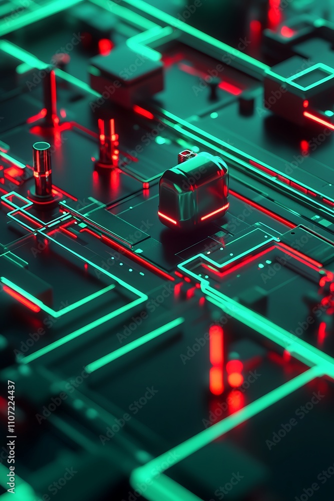Poster futuristic neon circuit board with red and green glowing lines and geometric shapes in a digital env