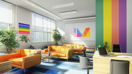 Modern office interior with colorful decor and sunlight.