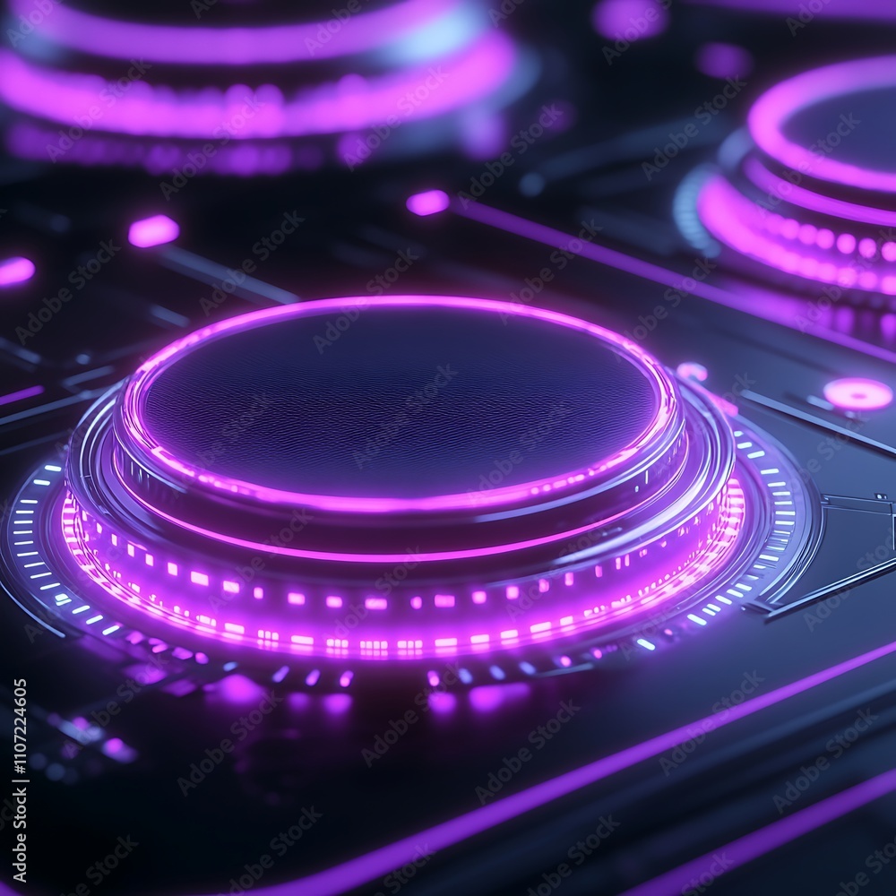 Poster futuristic neon circular buttons with glowing elements on a dark surface designed for high-tech inte