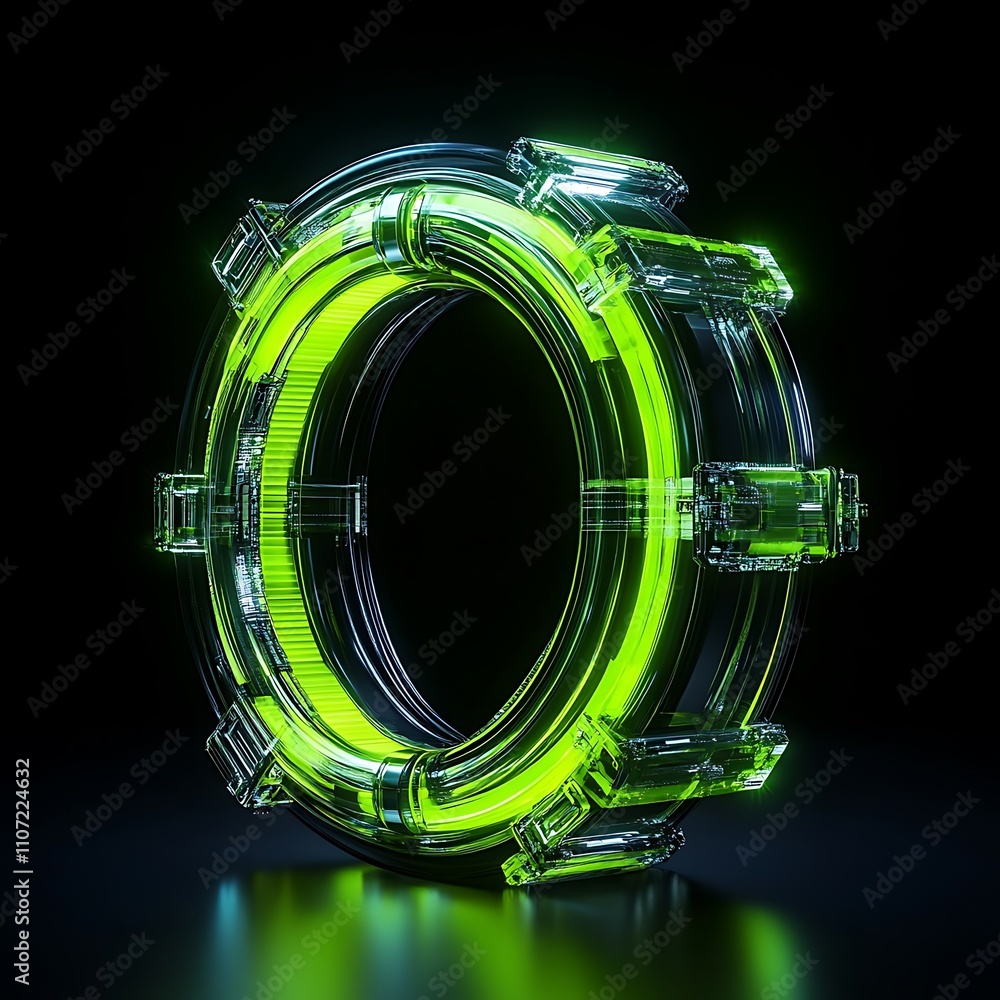 Poster futuristic neon circular design with transparent elements in dark background for modern visual appli