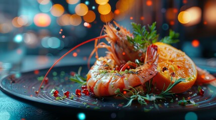 Close-up of a gourmet seafood dish featuring grilled shrimp and citrus garnish, beautifully presented in a fine dining restaurant.