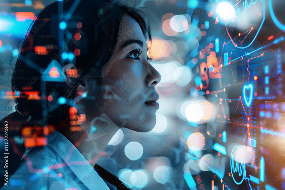 Poster a double exposure image of a hospital worker in laboratory generative ai