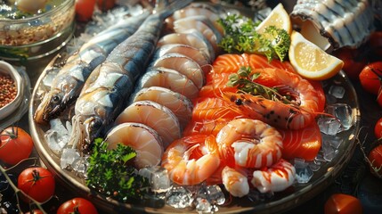 Fresh Seafood Platter with Assorted Fish, Shrimp, and Shellfish on Ice with Lemon and Herbs