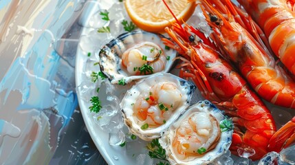 Fresh Seafood Platter with Oysters, Shrimp, and Lemon on Ice - Gourmet Cuisine and Culinary Delights